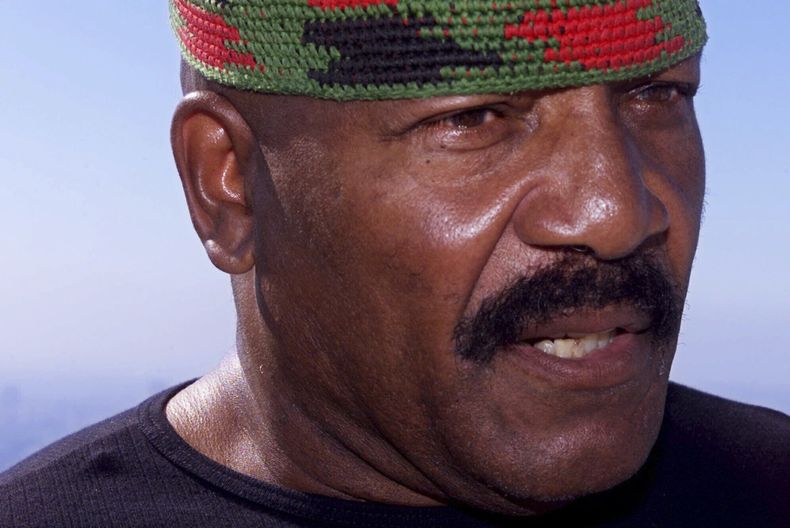 El miembro del Salón de la Fama del fútbol americano, Jim Brown, durante una conferencia de prensa en su residencia, el miércoles 4 de agosto de 1999, en el sector de Hollywood Hills, en Los Ángeles. (AP Foto/Damian Dovarganes, Archivo)