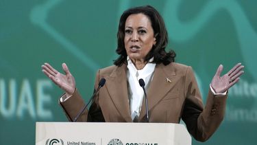 ARCHIVO - La vicepresidenta Kamala Harris ofrece un discurso durante la Cumbre Climática de la ONU COP28, el sábado 2 de diciembre de 2023, en Dubái, Emiratos Árabes Unidos. (AP Foto/Kamran Jebreili, archivo)