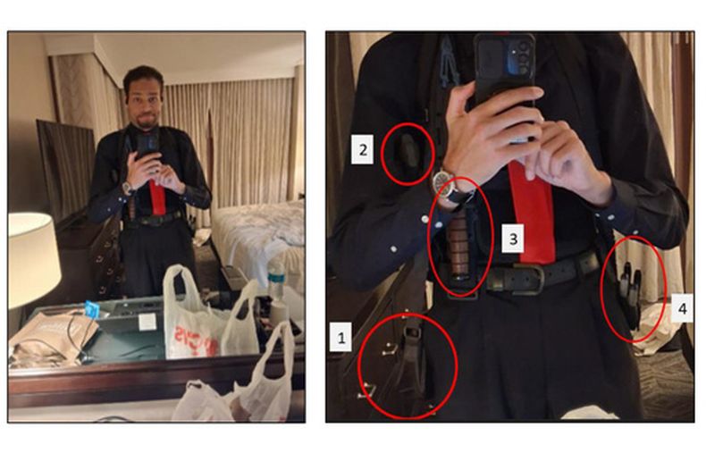 Foto incluida en el expediente del Departamento de Justicia, el 29 de abril del 2026, que muestra a Cole Tomas Allen (izq) en su habitación de hotel en Washington, tomándose un selfie frente al espejo. Una versión ampliada de la foto está a la derecha. (Departamento de Justicia via AP)