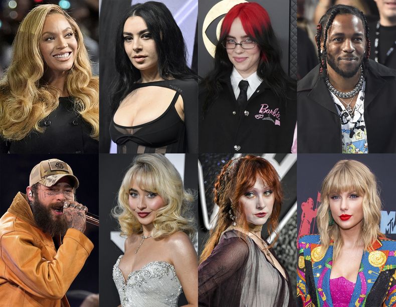 Esta combinación de fotografías muestra a los principales nominados a los premios Grammy, fila superior desde la izquierda, Beyonce, Charli XCX, Billie Eilish, Kendrick Lamar, fila inferior desde la izquierda, Post Malone, Sabrina Carpenter, Chappell Roan y Taylor Swift. (Foto AP)