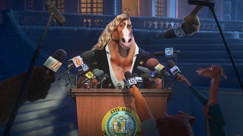 Esta imagen publicada por Disney muestra al alcalde Winddancer, con la voz de Patrick Warburton, en una escena de Zootopia 2. (Disney via AP)