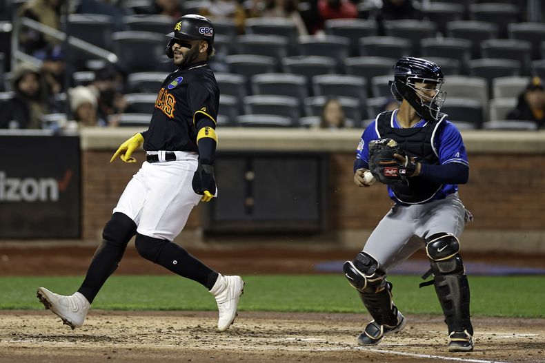 Francisco Mejía, de los Tigres del Licey, retira en home a Jonathan Villar, de las Águilas Cibaeñas, durante el juego realizado el viernes 10 de noviembre de 2023 en Nueva York (AP Foto/Adam Hunger)