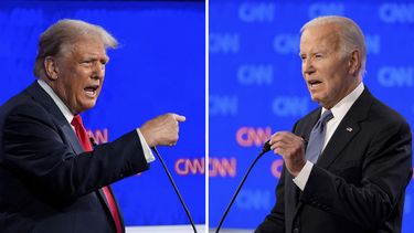 Esta combinación de fotografías muestra al precandidato presidencial republicano Donald Trump, a la izquierda, y al presidente estadounidense Joe Biden durante un debate organizado por CNN, el jueves 27 de junio de 2024 en Atlanta. (AP Foto/Gerald Herbert)