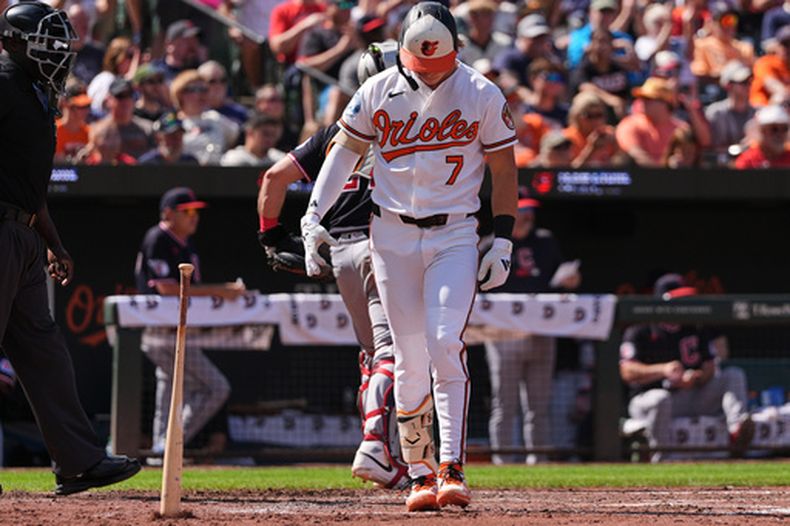 Jackson Holliday de los Orioles de Baltimore lanza el bate al suelo tras ser ponchado en la tercera entrada con las bases llenas ante los Guardianes de Cleveland el lunes 7 de septiembre del 2026. (AP Foto/Stephanie Scarbrough)