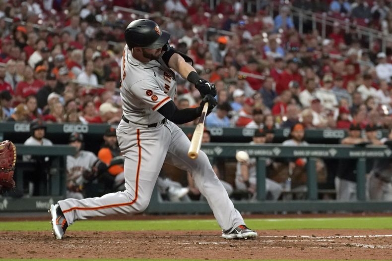 Mitch Haniger de los Gigantes de San Francisco pega un remolcador sencillo en la séptima entrada del juego ante los Cardenales de San Luis el lunes 12 de junio del 2023. (AP Foto/Jeff Roberson)