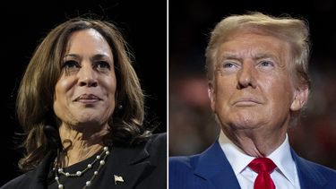 En esta combinación de fotos de archivo aparecen la candidata presidencial y vicepresidenta demócrata, Kamala Harris, izquierda, en un evento de campaña en Erie, Pensilvania, el 14 de octubre de 2024, y el candidato presidencial y expresidente republicano, Donald Trump, en un mitin de campaña en Uniondale, Nueva York, el 18 de septiembre de 2024. (AP Foto)