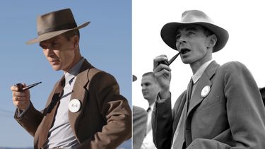 Esta imagen publicada por Universal Pictures muestra a Cillian Murphy como el Dr. J. Robert Oppenheimer en una escena de Oppenheimer, a la izquierda, y al físico Dr. J. Robert Oppenheimer en el campo de pruebas de la bomba atómica cerca de Alamogordo, Nuevo México, el 2 de septiembre de 2019. 9, 1945. (Universal Pictures vía AP, izquierda y Foto AP)