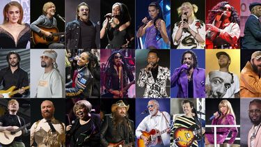 En esta combinación de fotografías músicos que se se han presentado en la serie Tiny Desk Concert de NPR, en la fila superior de izquierda a derecha Adele, Trey Anastasio, Bono, Andra Day, Dua Lipa, Billie Eilish, H.E.R., Booker T. Jones, Tom Jones, segunda fila de izquierda a derecha, Juanes, Juvenile, Alicia Keys, Lenny Kravitz, John Legend, Maluma, Mac Miller, Post Malone, Olivia Rodrigo, fila inferior de izquierda a derecha, Ed Sheeran, Sam Smith, Mavis Staples, Chris Stapleton, Yusuf/Cat Stevens, Harry Styles, Taylor Swift, T-Pain y Lucinda Williams. (Foto AP)