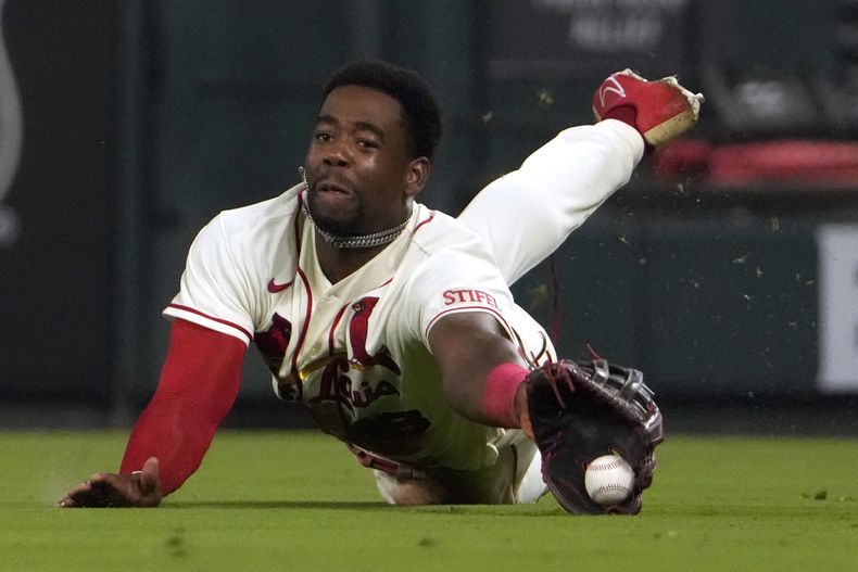 Jordan Walker, jardinero derecho de los Cardenales de San Luis, se lanza para atrapar un elevado de Riley Adams, de los Nacionales de Washington, el sábado 15 de julio de 2023 (AP Foto/Jeff Roberson)