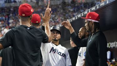 Luis Arráez (centro) de los Marlins de Miami es felicitado tras anotar mediante un jonrón de Jesús Sánchez en el juego ante los Cardenales de San Luis, el martes 4 de julio de 2023, en Miami. (AP Foto/Lynne Sladky)