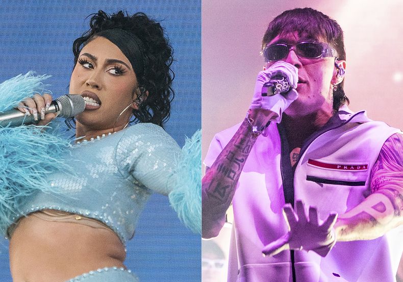 Kali Uchis se presenta en el Festival de Música y Artes de Coachella el 23 de abril de 2023 en Indio, California, izquierda, y Peso Pluma se presenta en el Festival de Música y Artes de Coachella Valley el 12 de abril de 2024 en Indio, California. (Foto AP)