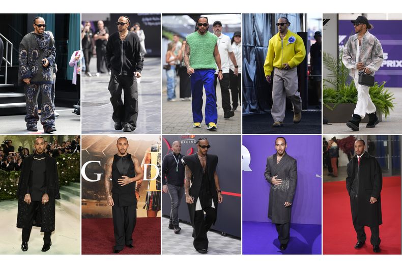 Esta fotografía combinada muestra diversas prendas de moda usadas por el piloto de Fórmula Uno Lewis Hamilton. (Foto AP)