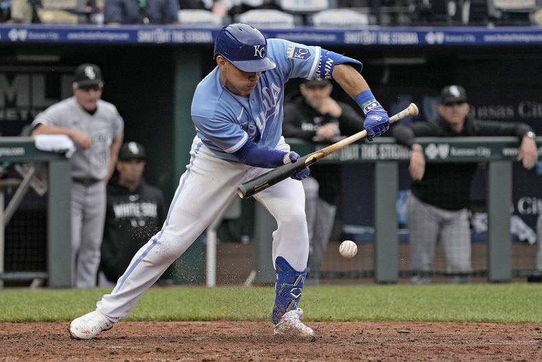 El venezolano Freddy Fermín, de los Reales de Kansas City, realiza un toque de bola ante los Medias Blancas de Chicago, el jueves 11 de mayo de 2023 (AP Foto/Charlie Riedel)