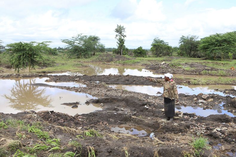 ARCHIVO - Martha Waema se ve de pie en su granja, anegada tras semanas de lluvias en Machakos, Kenia, el 8 de mayo de 2024. (AP Foto/Andrew Kasuku, Archivo)