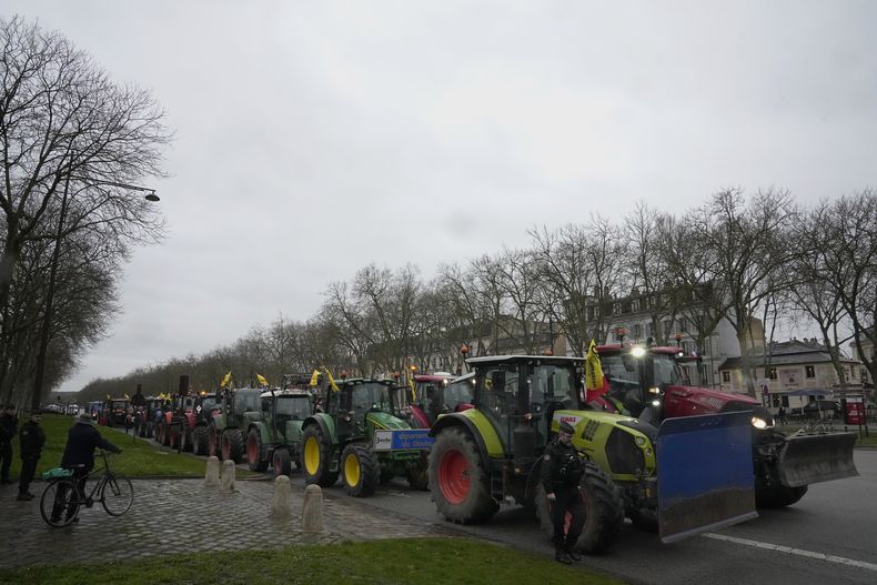 Tractores están estacionados durante una protesta cerca del Castillo de Versalles, en las afueras de París, el viernes 1 de marzo de 2024. (AP Foto/Michel Euler)