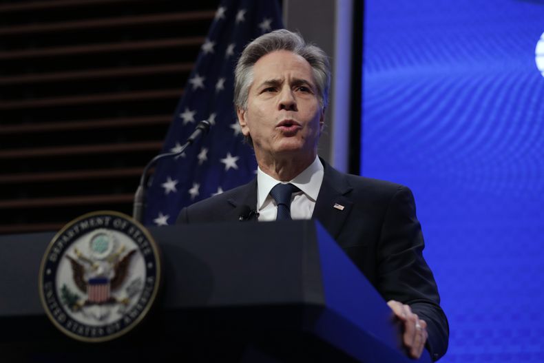 El secretario de Estado Antony Blinken en un evento en el Atlantic Council en Washington el 14 de enero del 2025. (AP foto/Luis M. Alvarez)