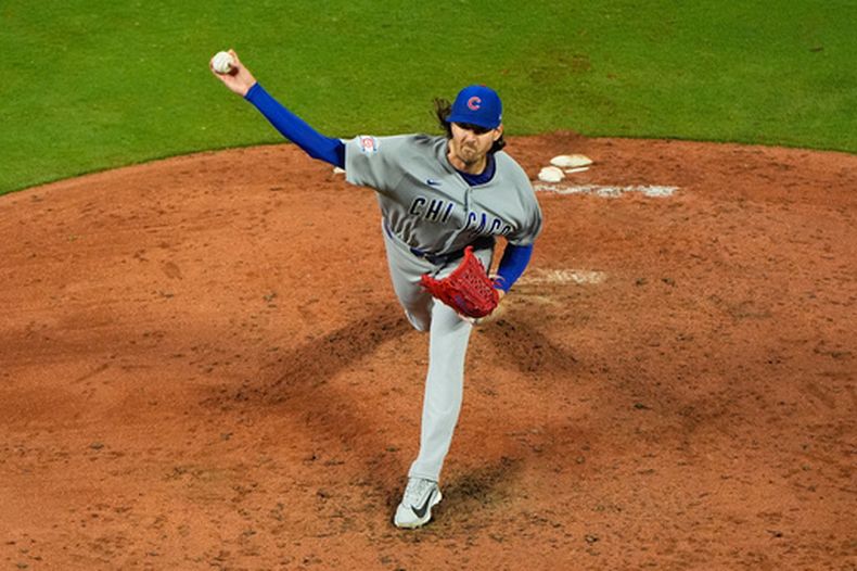 Kevin Gausman, abridor de los Cachorros de Chicago, lanza en el duelo del viernes 7 de agosto de 2026 ante los Reales de Kansas City (AP Foto/Charlie Riedel)
