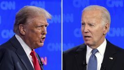 Esta combinación de fotografías muestra al candidato republicano a la presidencia, el expresidente Donald Trump (izquierda) y al presidente Joe Biden durante un debate organizado por la cadena CNN, el jueves 27 de junio de 2024, en Atlanta. (AP Foto/Gerald Herbert)