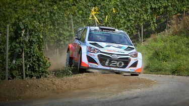 americateve | El belga Thierry Neuville y su copiloto Nicolas Gilsoul  conducen su Huundai en una etapa especial del rally de Alemania en Neumagen el 24 de agosto del 2014. Neuville gan&oacute; el rally. (AP Foto/dpa,Thomas Frey)