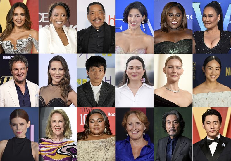 Esta combinación de fotografías muestra a los actores, fila superior de izquierda a derecha, Jessica Alba, Ericka Alexander, Obba Babatunde, Stephanie Beatriz, Danielle Brooks y Tia Carrere, segunda fila de izquierda a derecha, Jason Clarke, Kate Del Castillo, Gang Dong-won, Lily Gladstone, Sandra Huller y Greta Lee, y en la fila inferior, de izquierda a derecha, Kate Mara, Catherine OHara, DaVine Joy Randolph, Fiona Shaw, Koji Yakusho y Teo Yoo, quienes se encuentran entre los artistas invitados a unirse a la Academia de Artes Cinematográficas y Ciencias. (Foto AP)