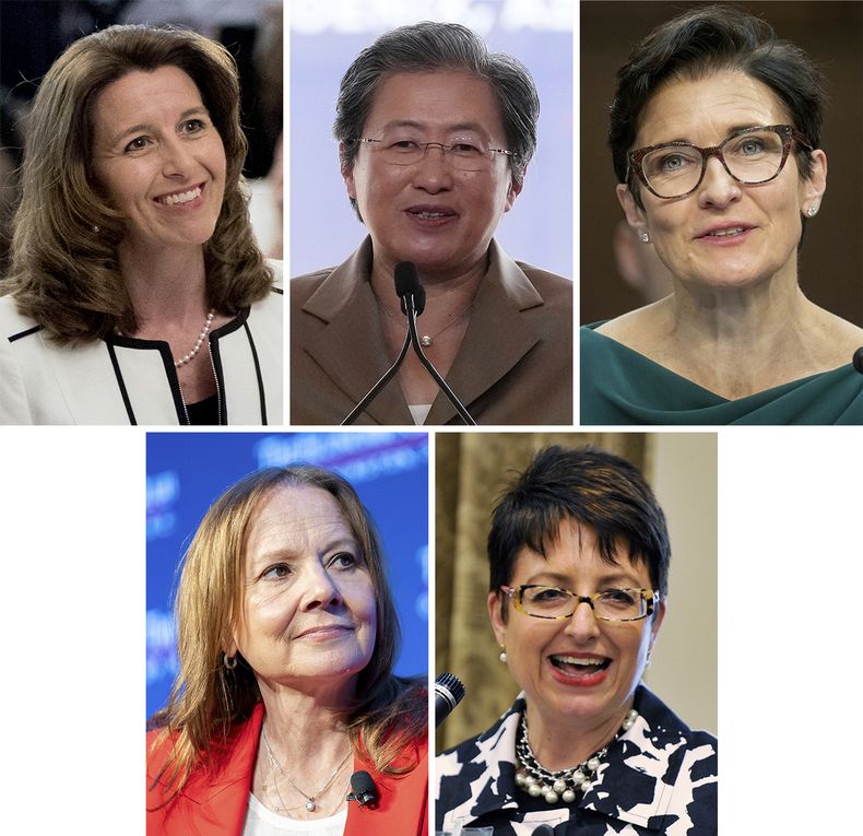 Desde arriba a la izquierda: La CEO de Northrop Grumman, Kathy Warden; la CEO de Advanced Micro Devices, Lisa Su; la CEO de Citigroup, Jane Fraser; de abajo a la izquierda: la CEO de General Motors, Mary Barra y la CEO de United Parcel Service, Carol Tome. (Foto AP)
