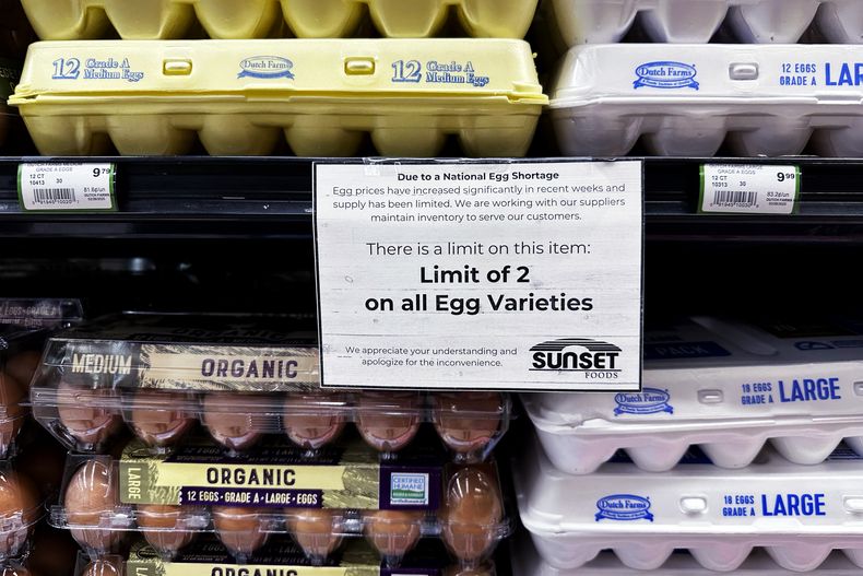 ARCHIVO – Un letrero en un anaquel de huevos en una tienda de comestibles de Northbrook, Illinois, el 28 de febrero de 2025. (AP Foto/Nam Y. Huh, Archivo)