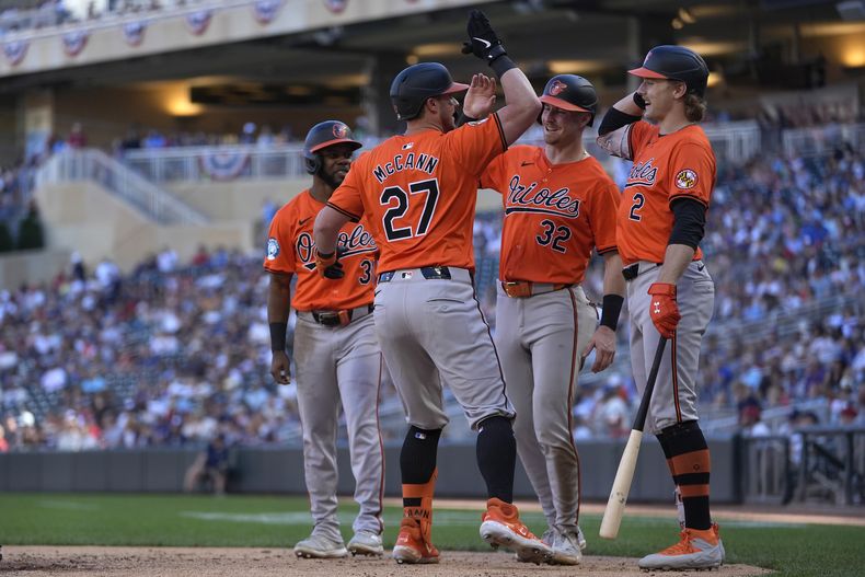 James McCann (27), de los Orioles de Baltimore, celebra con sus compañeros de equipo después de conectar un jonrón de 3 carreras durante la quinta entrada contra los Mellizos de Minnesota, el domingo 29 de septiembre de 2024, en Minneapolis. (AP Foto/Abbie Parr)
