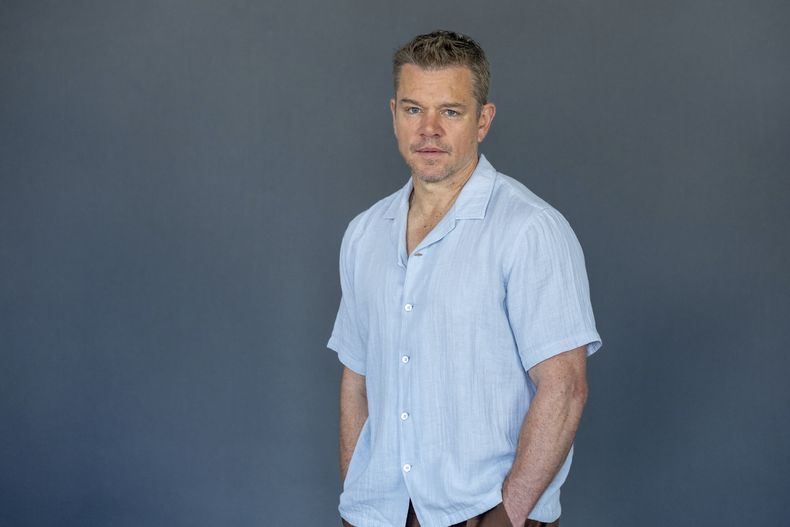 El actor Matt Damon posa para promocionar la película The Instigators el viernes 26 de julio de 2024 en Boston. (Foto AP/Reba Saldanha)