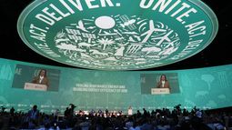 La vicepresidenta Kamala Harris habla en la Cumbre del Clima de la ONU COP28, el sábado 2 de diciembre de 2023, en Dubai, Emiratos Árabes Unidos. (AP Foto/Kamran Jebreili)