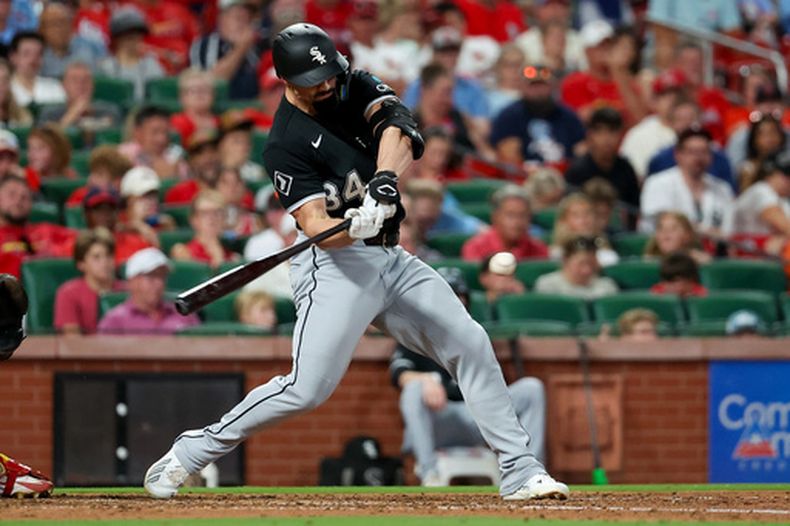 El pelotero de los Medias Blancas de Chicago Randal Grichuk conecta un elevado de sacrificio productor durante la quinta entrada de un partido de béisbol contra los Cardenales de San Luis, el sábado 12 de septiembre de 2026, en San Luis. (Foto AP/Scott Kane)
