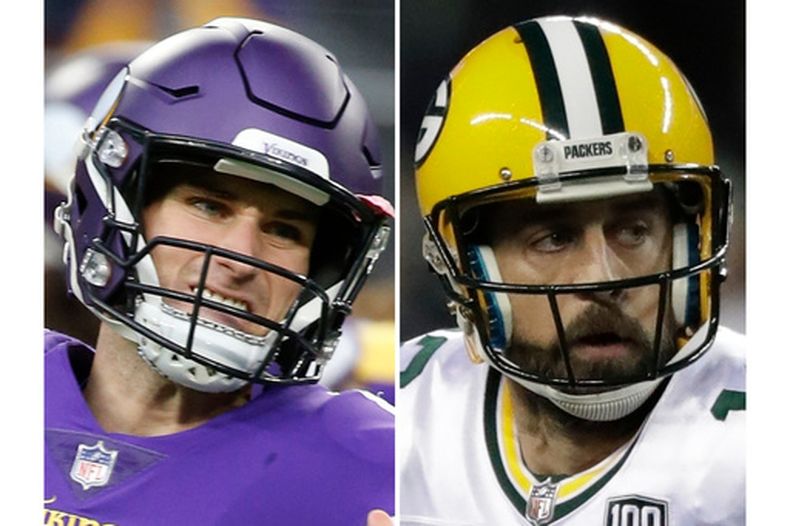 ARCHIVO - Foto del 30 de diciembre del 2018, el quarterback de los Vikings de Minnesota Kirk Cousins y foto del 15 de noviembre del 2018 del quarterback de los Packers de Green Bay Aaron Rodgers. (AP Foto/Bruce Kluckhohn, Elaine Thompson, Archivo)