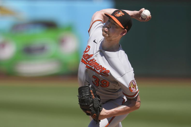 Kyle Bradish, abridor de los Orioles de Baltimore, trabaja en contra de los Atléticos de Oakland durante la primera entrada del juego de béisbol en Oakland, California, el domingo 20 de agosto de 2023. (AP Foto/Jeff Chiu)