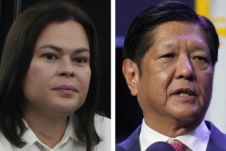 Esta combinación de imágenes muestra a la vicepresidenta de Filipinas, Sara Duterte (izquierda), en Quezon City, Filipinas, el 13 de noviembre de 2024; y al presidente de Filipinas, Ferdinand Marcos Jr., en Vientiane, Laos, el 9 de octubre de 2024. (AP Foto)
