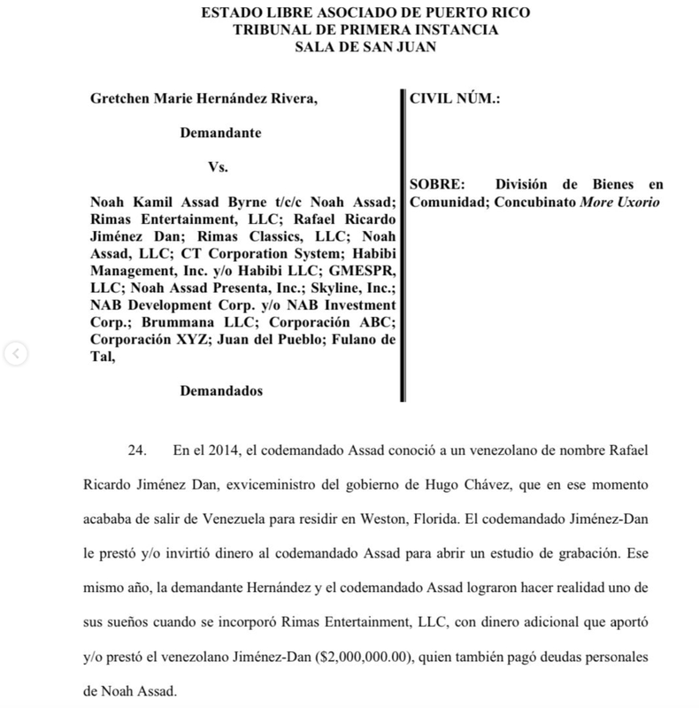 Demanda interpuesta por Gretchen Hernandez donde muestra que el ex viceministro de Hugo Chavez invirtió 2 millones de dólares a Rimas Entertainment