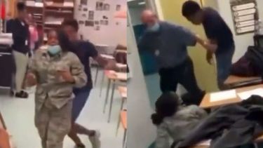joven afroamericano que propina una brutal golpiza a una companera de clases