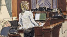 En este boceto de la sala del tribunal, el jueves 25 de enero de 2024, Donald Trump, abajo a la izquierda, observa a su abogada Alina Habba, de pie en el centro, interrogando a la testigo Carol Martin en el Tribunal Federal de Nueva York. El juez Lewis Kaplan está en el estrado y la demandante E. Jean Carroll está sentada al fondo a la izquierda. (Elizabeth Williams vía AP)