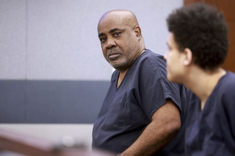 Duane Keffe D Davis, acusado de orquestar el asesinato en 1996 del ícono del hip hop Tupac Shakur, en corte en el Centro de Justicia Regional en Las Vegas, el martes 25 de junio de 2024. (K.M. Cannon/Las Vegas Review-Journal via AP, Pool)