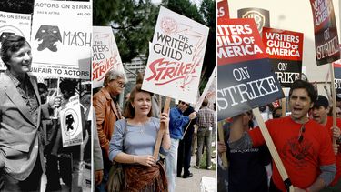 Esta combinación de fotografías muestra, desde la izquierda, al actor Alan Alda de la serie M*A*S*H* protestando en los estudios Twentieth-Century Fox en Los Ángeles, el 6 de agosto de 1980, la actriz Patty Duke con guionistas en huelga en 20th Century Fox Studios en Los Ángeles el 8 de marzo de 1988, y el actor John Stamos, miembro del elenco del drama ER, apoya a los miembros del Sindicato de Guionistas de Estados Unidos mientras protestan fuera de Warner Bros. Television Studios. en Los Ángeles el 6 de noviembre de 2007. (Foto AP)