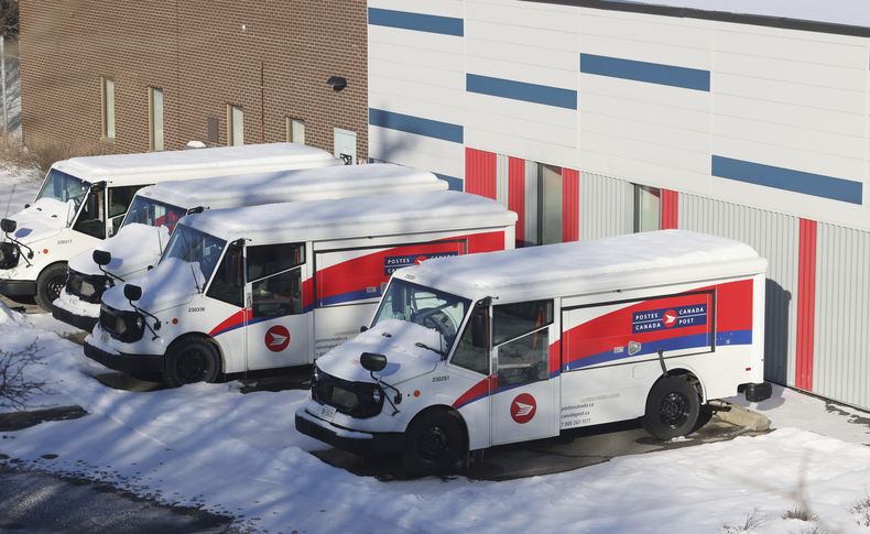Vehículos de Canada Post se ven cubiertos de nieve en un centro de distribución tras una huelga que duró más de cuatro semanas, en Ottawa, el viernes 13 de diciembre de 2024. (Patrick Doyle /The Canadian Press via AP)
