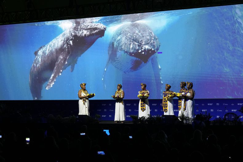 Mujeres afrocolombianas actúan en la inauguración de la COP16, la conferencia de Naciones Unidas sobre biodiversidad, en Cali, Colombia, el 20 de octubre de 2024. (AP Foto/Fernando Vergara)