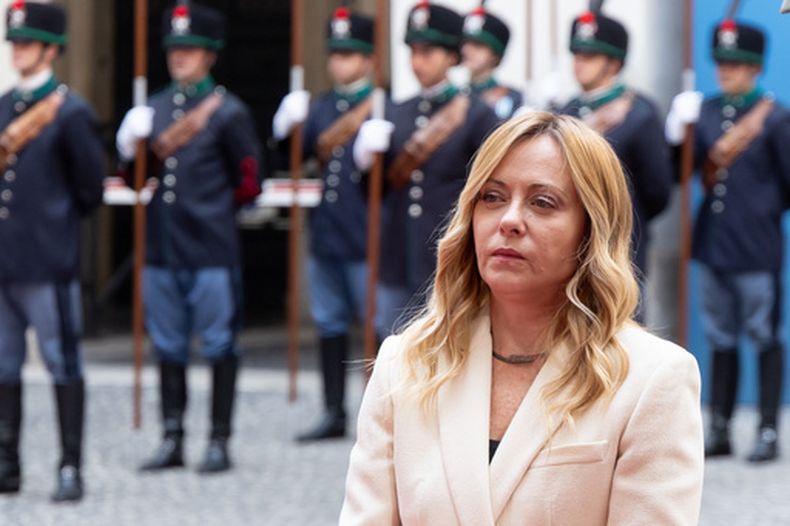 La primera ministra italiana Giorgia Meloni en el Palazzo Chigi en Roma el 5 de octubre del 2026 (Mauro Scrobogna/LaPresse via AP)