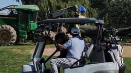 Varias personas conducen un carrito de golf frente a la tala de árboles en el East Potomac Park Golf Course, el lunes 26 de octubre de 2026, en Washington. (AP Foto/Julia Demaree Nikhinson)