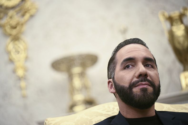 ARCHIVO - El presidente de El Salvador, Nayib Bukele, escucha durante una reunión con el presidente Donald Trump en la Oficina Oval de la Casa Blanca en Washington, el lunes 14 de abril de 2025. (Pool vía AP, Archivo)
