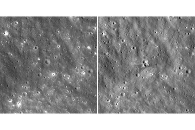 Esta composición, elaborada con fotos proporcionadas por la NASA el martes 18 de agosto de 2026 y tomadas por el Orbitador de Reconocimiento Lunar, muestra imágenes del antes (a la izquierda) y el después de un cráter reciente en la Luna, creado por una colisión de un cohete de SpaceX. (NASA vía AP)