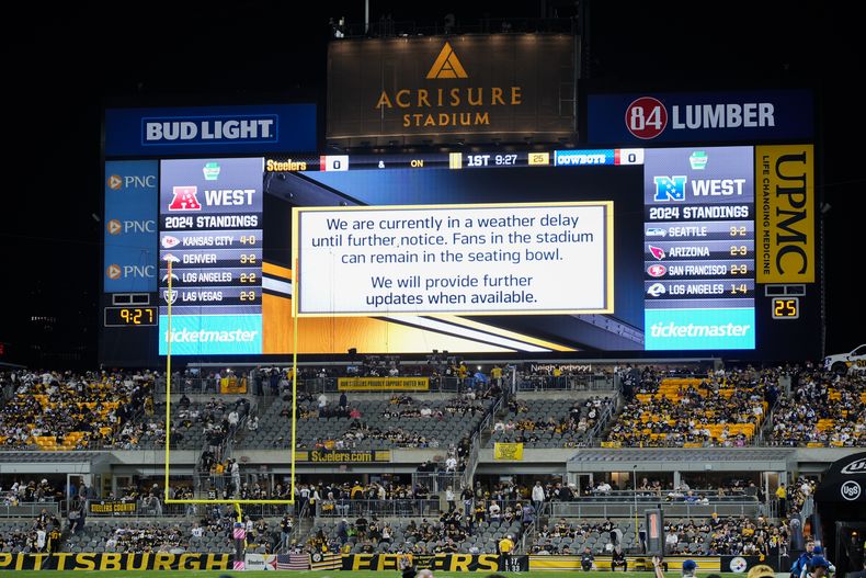 Un aviso en la pantalla gigante da a conocer el retraso por mal tiempo antes de un partido de la NFL entre los Steelers de Pittsburgh y los Cowboys de Dallas, el domingo 6 de octubre de 2024, en Pittsburgh. (Foto AP/Gene J. Puskar)