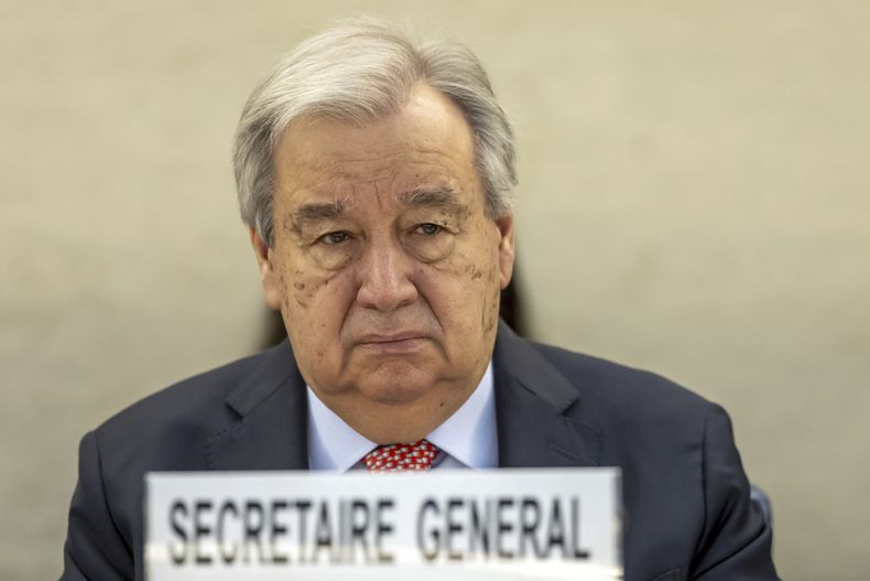 El secretario general de Naciones Unidas, António Guterres, asiste al tramo de alto nivel de la 58va sesión del Consejo de Derechos Humanos en la sede europea de Naciones Unidas en Ginebra, Suiza, el lunes 24 de febrero de 2025. (Salvatore Di Nolfi/Keystone via AP)