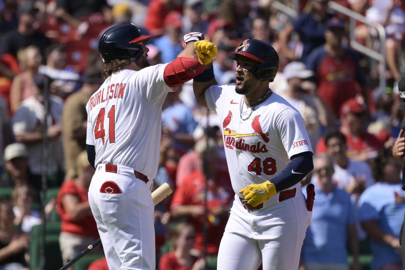 Iván Herrera (48), de los Cardenales de San Luis, reacciona con Alec Burleson (41) después de conectar un jonrón de dos carreras contra los Cerveceros de Milwaukee durante la tercera entrada de un juego de béisbol el domingo 21 de septiembre de 2025, en San Luis. (AP Photo/Jeff Le)