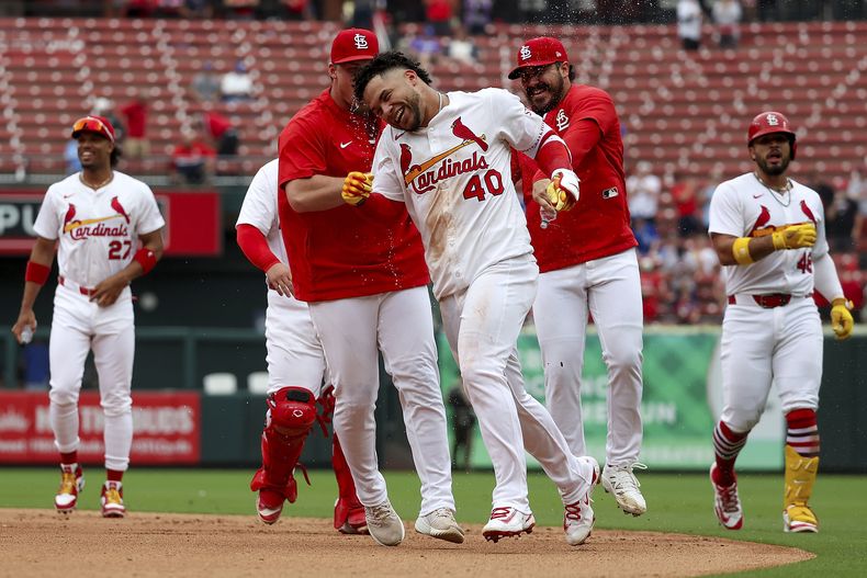 El venezolano de los Cardenales de San Luis Willson Contreras felicitado por sus compañeos tras su sencillo remolcador en la décima que les dio el triunfo en el primer duelo de la doble cartelera ante los Reales de Kansas City el jueves 5 de junio del 2025. (AP Foto/Scott Kane)