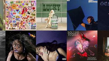En esta combinación de fotografías las portdas de los álbumes, fila superior de izquierda a derecha, New Blue Sun de Andre 3000, Mañana será bonito de Karol G, Lucky de Megan Moroney, My Soft Machine  de Arlo Parks, Genesis de Peso Pluma, fila inferior de izquierda a derecha, Raven de Kelela, Sundial de Noname, GUTS de Olivia Rodrigo, Hackney Diamonds de The Rolling Stones y Rat Saw God de Wednesday. (Epic/Universal/Sony/Transgressive/Douple P/Warp/AWAL/Geffen/Universal/Dead Oceans vía AP)