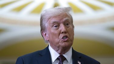 El presidente electo Donald Trump habla con los reporteros luego de sostener una reunión con líderes republicanos en el Capitolio, el miércoles 8 de enero de 2025, en Washington. (AP Foto/Jose Luis Magana)
